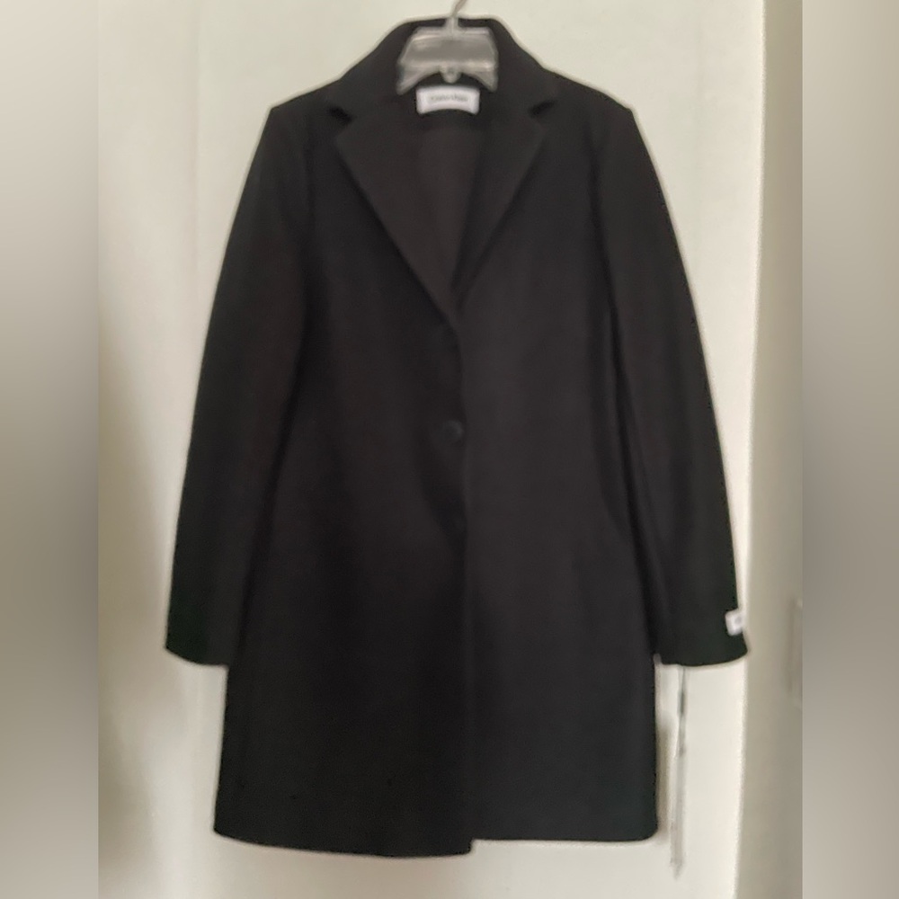 Calvin Klein Wool Trench Coat Jacket Black Single Breasted Lined NWT
